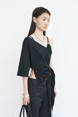 One-Shoulder Button Drape Top (Black)