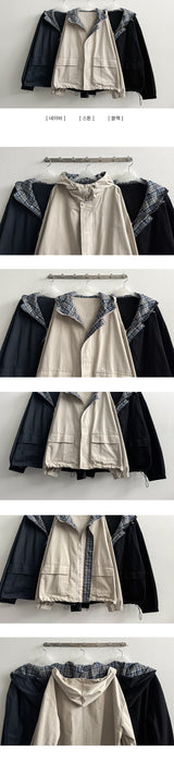 Cumin check color lining cotton boxy hoodie jumper