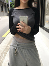 シースルー スリム オフショルダー ラグラン Tシャツ (3色)