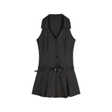 #TS0606 striped v-neck sleeveless dress with belt (dark grey)