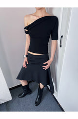 アンバランスストラップオフショルダー半袖Tシャツ