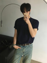 [A-T0138] ワッフルヘンリーネッククロップ半袖Tシャツ (5色)
