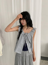 Baso Check Frill Seersucker Boat-Neck Blouse
