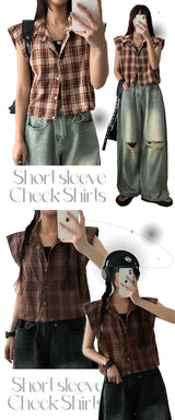 Lang2 String Cropped Check Short-Sleeved Shirt
