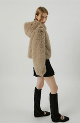 COMELY soft fur crop hoodie jacket [beige]