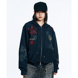 Multi-Print Crop Hoodie Zip-Up - Black