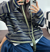 ストライプフリースワンサイドストリングアノラックニットスウェット 💙🩶🧡3COLOR