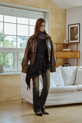 PAMELA LEATHER BOMBER JACKET / BROWN