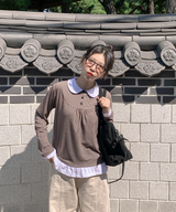 Round collar striped frill T-shirt
