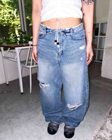 Fold-Over Distressed Wide Denim Pants
