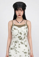 OLIVE PETAL TIE HALTER SLIT DRESS