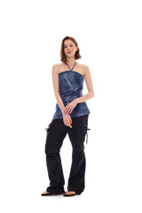 POCKET PRINTING HALTERNECK DRESS / BLUE