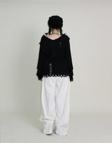 ラバーVネックダメージカットポイント長袖ニット (wool material)