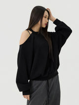 カットアウトホルターネックスウェットロングTシャツ, ブラック