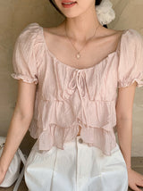 #Cancan Puff Shirring Short Sleeve Blouse (2color)
