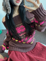 オフショルダー & リップラウンドネックツーウェイノルディックニット🩷🤎🖤2カラー