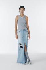 DAMAGED LONG DENIM SKIRT (BLUE)