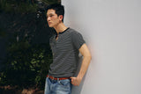 Stripe slim henley neck half t-shirts(Black)