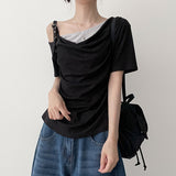 Button Point 💫Straight Layered Off-Shoulder Short-Sleeved T-Shirt (4 colors)