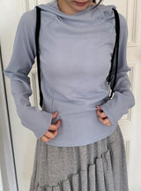Lahomi Diagonal Ribbed Button Hood Long Sleeve Tee