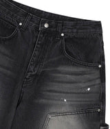Curved Double Knee Denim Pants - Black