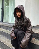 Janu Check String Pocket Leather Layered Hooded Jumper