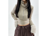 (Y2K/UNIQUE + HIP🧸🤎) FUR POINT BELT POINT HALF-ZIP WARMER