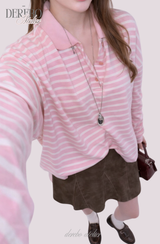 ピンクストライプルーズカラーTシャツ