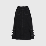 belt long denim skirt