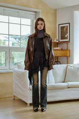 PAMELA LEATHER BOMBER JACKET / BROWN
