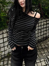 26SS★ [MADE] One-Shoulder Open Stripe Tee