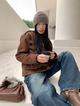 Suede lace-up no-collar jacket