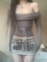 コンニートオフショルダーコルセットトップ (ダークブラウン)
