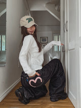 Heart pink stitch indigo denim pants
