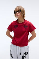 EEERRR Heart lace artwork semi-crop T-shirt (Red)