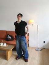 No.1832 damage slub wide denim PT