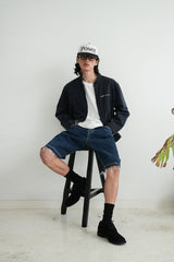 Washed denim shorts/dark-blue
