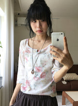 Heysha Flower Slit Punching Three Quarter T-Shirt