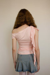 ONE SHOULDER RUFFLE TRIM TOP / LIGHT PINK