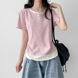 ルーズスリムフィット💫カラーリングレイヤードUネックシャーリングボタンデイリーTシャツ(6 colors)