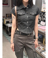 Pocket denim crop shirts(3color)