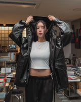 セリグロッシークラックレザーフーディーフィールドジャケット