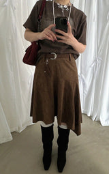 SUEDE UNBALANCE SKIRT WITH BELT SET (BROWN)
