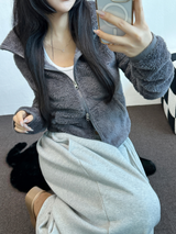 SHEEP FUR FLEECE CROPPED HALF POLO NECK ZIP UP 🧸🩶🤍🖤🩵4COLOR