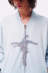 RANDOM STITCH FRINGE PLACKET SPLICE TOTEM MA-1 COLOR-TOOTH ZIPPER TERRY SWEAT JACKET