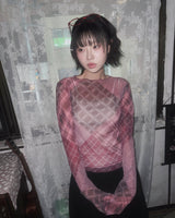 (2color) Sheer Patchwork Check Mesh Wave Tee