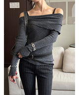 Unbalance cutting off shoulder knit(3color)