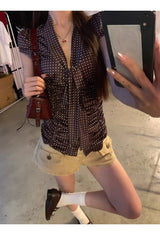 Dot Silk Shirring Strap Short-Sleeved Blouse