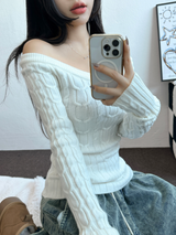 OFF SHOULDER TWISTED SLIN LONG KNIT 🩶🤍🖤3COLOR