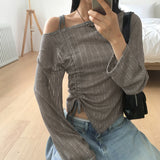 ペリン ワンショルダー ストラップ シャーリング スリット オフショルダー ロングスリーブ Tシャツ